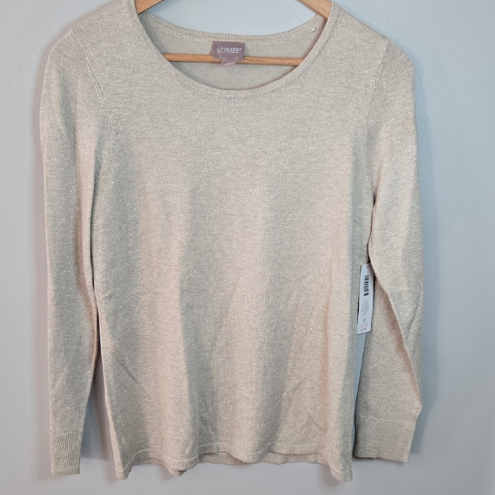 Chico's Women 0/Small Gold Thread Metallic Cream Scoop Neck Top -NEW